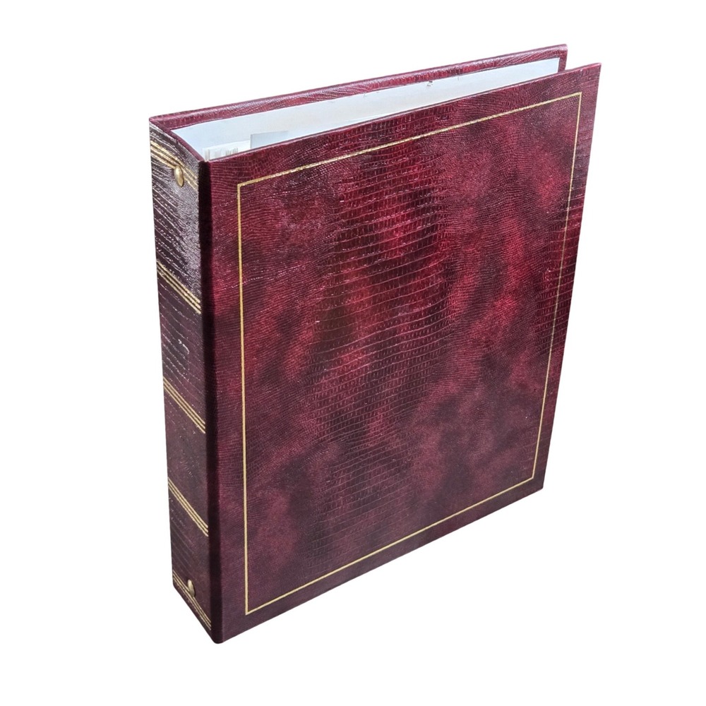 3-Ring Binder Burgundy Faux Lizard Print Gold Trim Professional Organizer